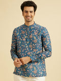 Blue Floral Printed Mandarin Collar Kurta Shirt for Men