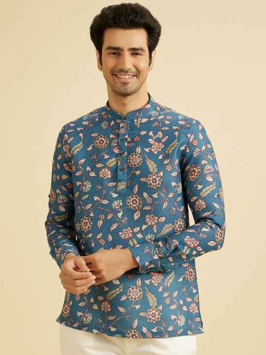 Blue Floral Printed Mandarin Collar Kurta Shirt for Men