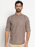 Men’s Brown Ethnic Motif Printed Mandarin Collar Kurta Shirt