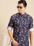 Navy Blue Floral Printed Men’s Short Kurta Shirt