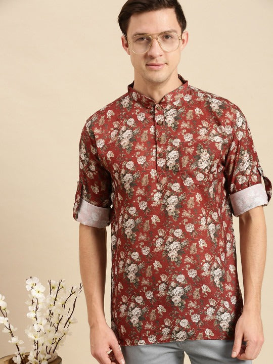 Men’s Red Floral Printed Mandarin Collar Kurta Shirt