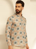 Men’s Premium Printed Mandarin Collar Kurta Shirt – Beige & Blue Ethnic Pattern