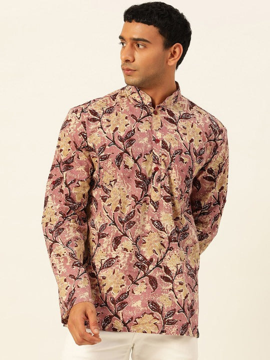 Men’s Pink Floral Printed Ethnic Kurta Shirt